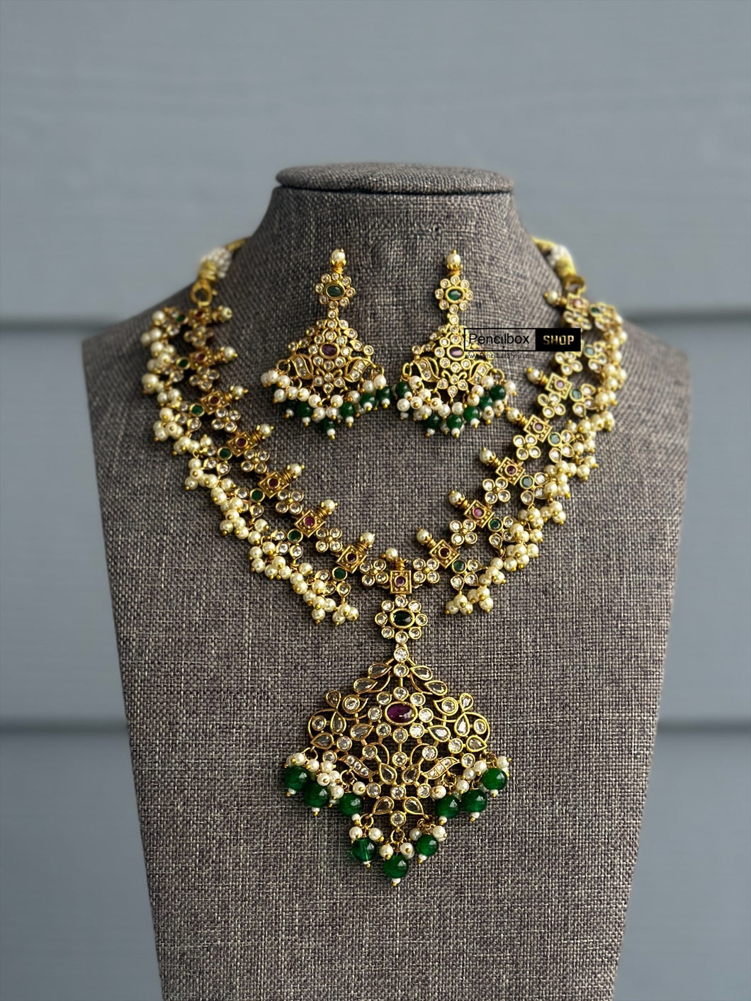 Exclusive cz kemp stone multicolor green drops Necklace set Temple Jewelry