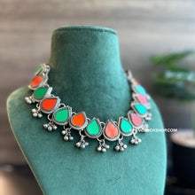 Load image into Gallery viewer, Green orange Afghani Mirror Multicolor Navratri  Necklace
