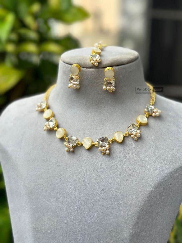 Contemporary Designer Natural White Stone Necklace set with maangtikka