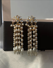 Load image into Gallery viewer, 14k Gold plated Flower half circle Pearl Temple earringsf
