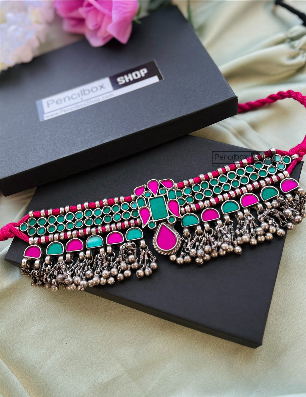 Real afghani Green Pink Ghungroo Choker necklace