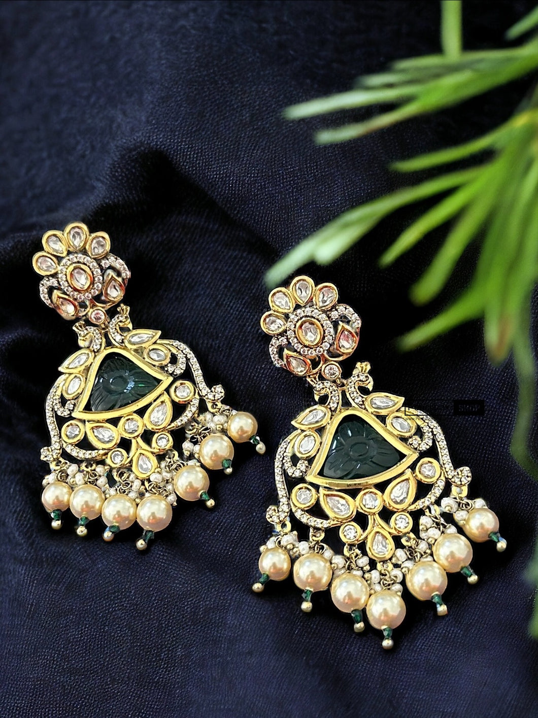 22k gold plated Green Tayani carved Peacock earrings