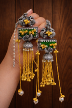 Load image into Gallery viewer, Ghungroo 92.5 coated Long Pearl Fusion Green Carved Ear chain Kashmiri earrings
