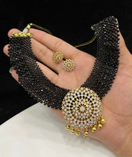 Load image into Gallery viewer, Vani Black Hydro Beads Cz Golden Big Pendant Necklace set
