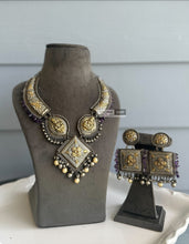 Load image into Gallery viewer, German Silver Purple Lakshmi ji Ghungroo Heavy Necklace set
