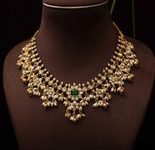 Load image into Gallery viewer, Premium Kemp Stone Rice Pearl Temple Guttapusalu  Ethnic Necklace set
