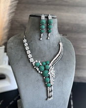 Load image into Gallery viewer, Emerald Green Invisible American Diamond Designer Dua tone  Necklace set
