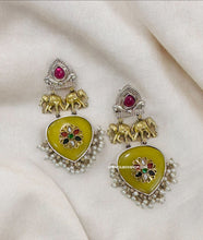Load image into Gallery viewer, Yellow German silver Dual Tone Stone  Elephant Dangling Earrings
