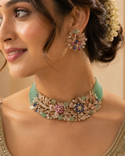 Load image into Gallery viewer, Solitaire Floral Rose Gold MM pink Mint Pearl Multicolor Premium Choker Necklace set
