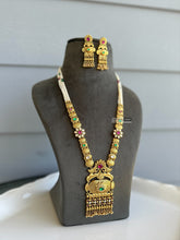 Load image into Gallery viewer, Ruby green Gold plated Pearl drop Mala matte finish ethnic temple necklace set
