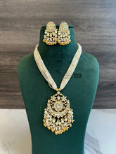 Load image into Gallery viewer, Dainty White Pearl Peacock Pachi Kundan long Mala set
