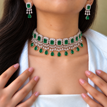 Load image into Gallery viewer, Solitaire Emerald Green Diamond Look Silver Finish Choker Necklace Set with Earrings
