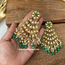 Load image into Gallery viewer, Tayani Green Golden statement Chandbali Long Jhumka Earrings
