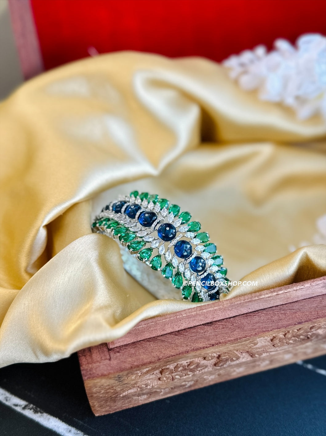 Heera Premium American Diamond Green Blue Silver Statement Kada