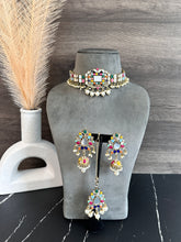 Load image into Gallery viewer, Nina Multicolor pearl Premium Mirror choker necklace set with maangtikka
