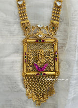 Load image into Gallery viewer, Radha krishna Pearl Pachi Kundan long Statement Designer Premium Necklace set
