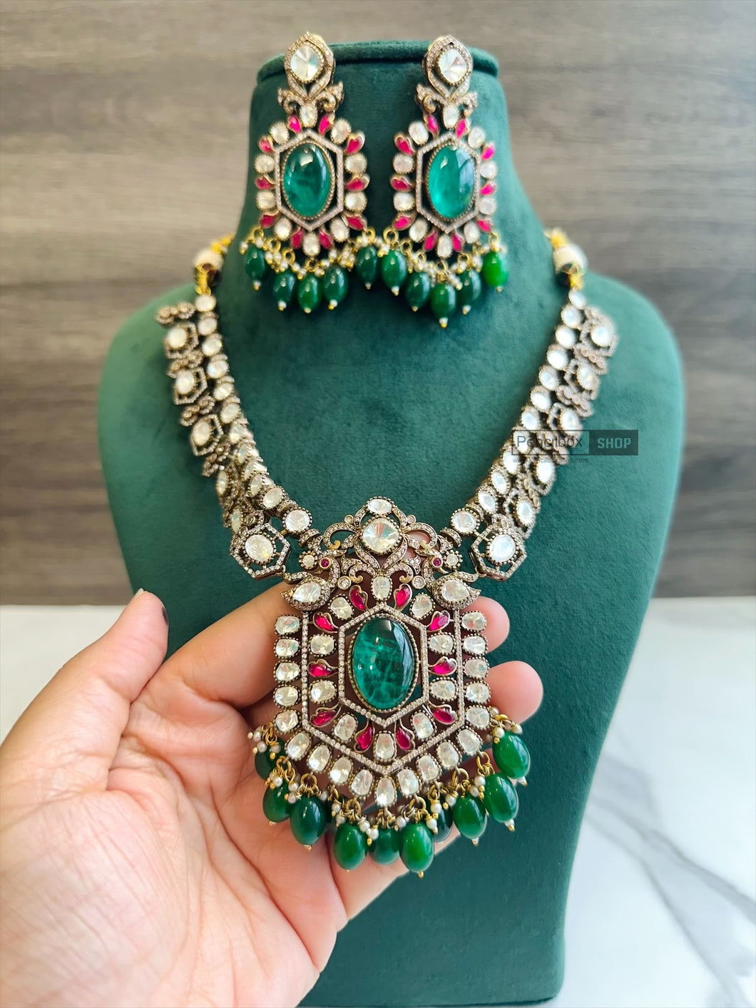 Ruby Green Premium Moissanite Enamel gold plated Necklace set