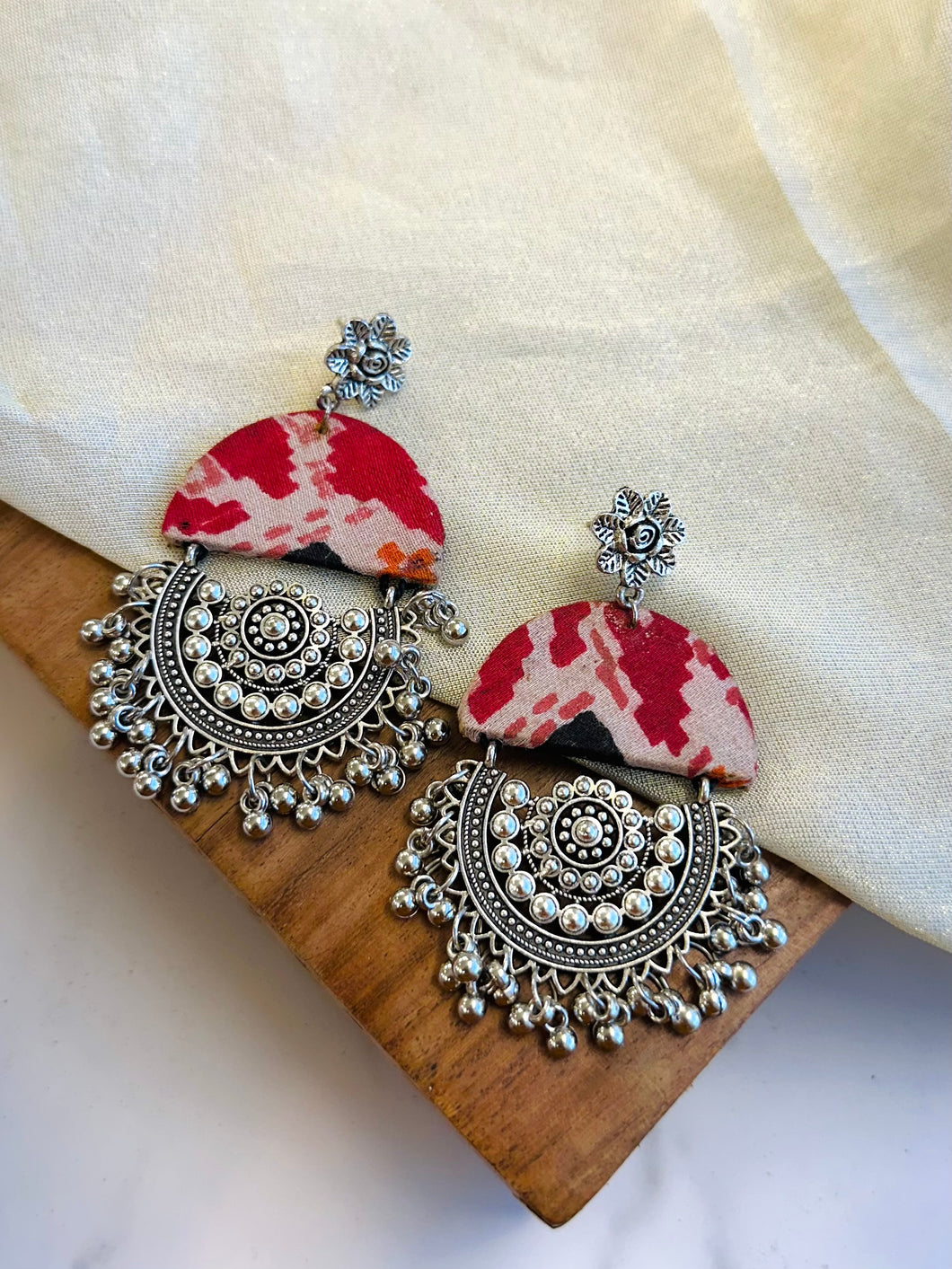 Printed Red Fabric Oxidised Handmade earrings