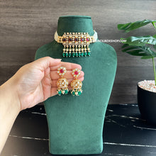 Load image into Gallery viewer, Tayani 22k gold Plated Ruby Green pearl Choker necklace set

