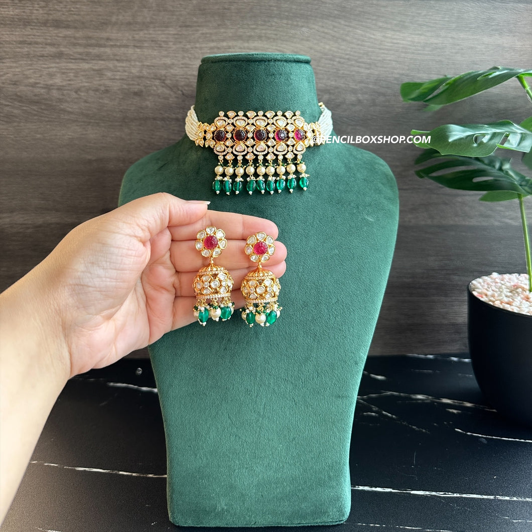 Tayani 22k gold Plated Ruby Green pearl Choker necklace set