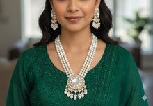 Load image into Gallery viewer, White Gold plated moissanite Long Pearl Designer Necklace set
