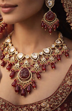 Load image into Gallery viewer, 22k gold plated Ruby Carved Stone Drop Tayani Necklace set
