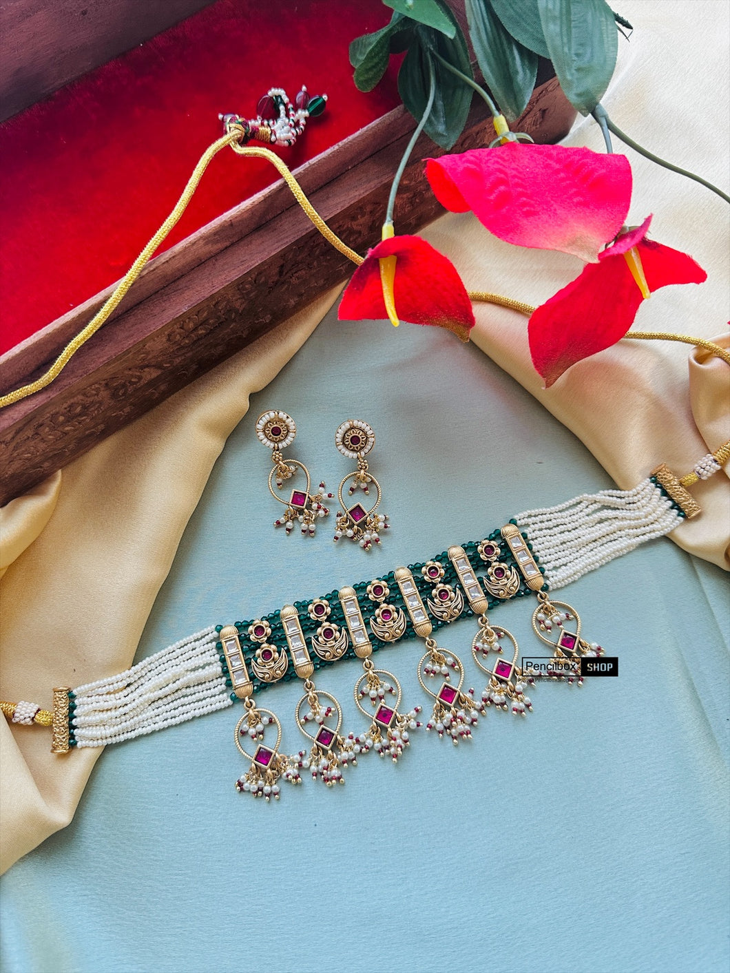 Multicolor cz kundan Ruby green tassel premium choker necklace set