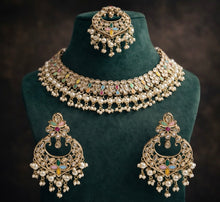 Load image into Gallery viewer, Aarohi Multicolor Golden Polki Necklace Set with maangtikka
