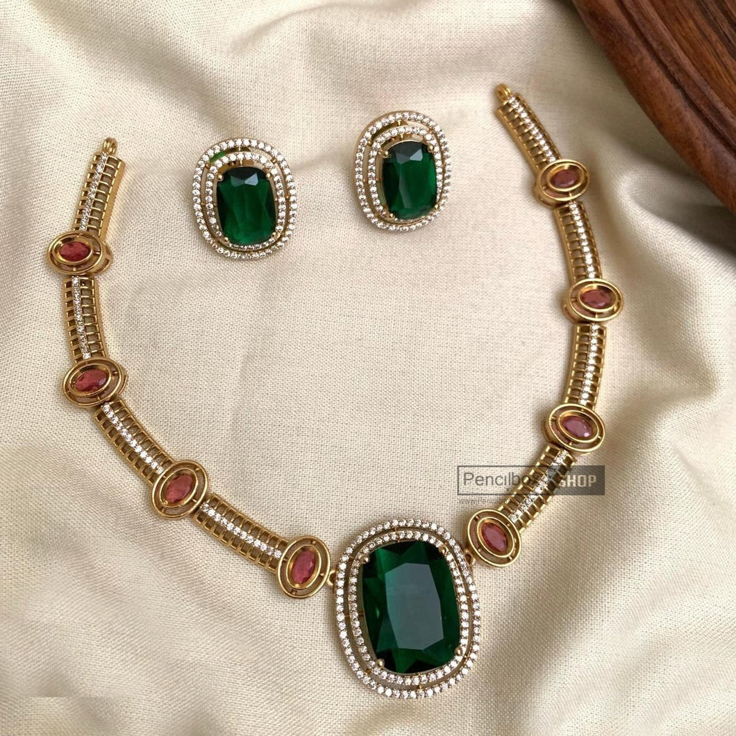 Dainty cz Ruby green golden Necklace set