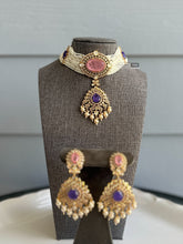 Load image into Gallery viewer, Purple pink Doublet Tayani 22k gold plated choker necklace set

