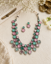 Load image into Gallery viewer, Mint pink German silver Heavy Stone Glass beads Cz Statement Necklace set
