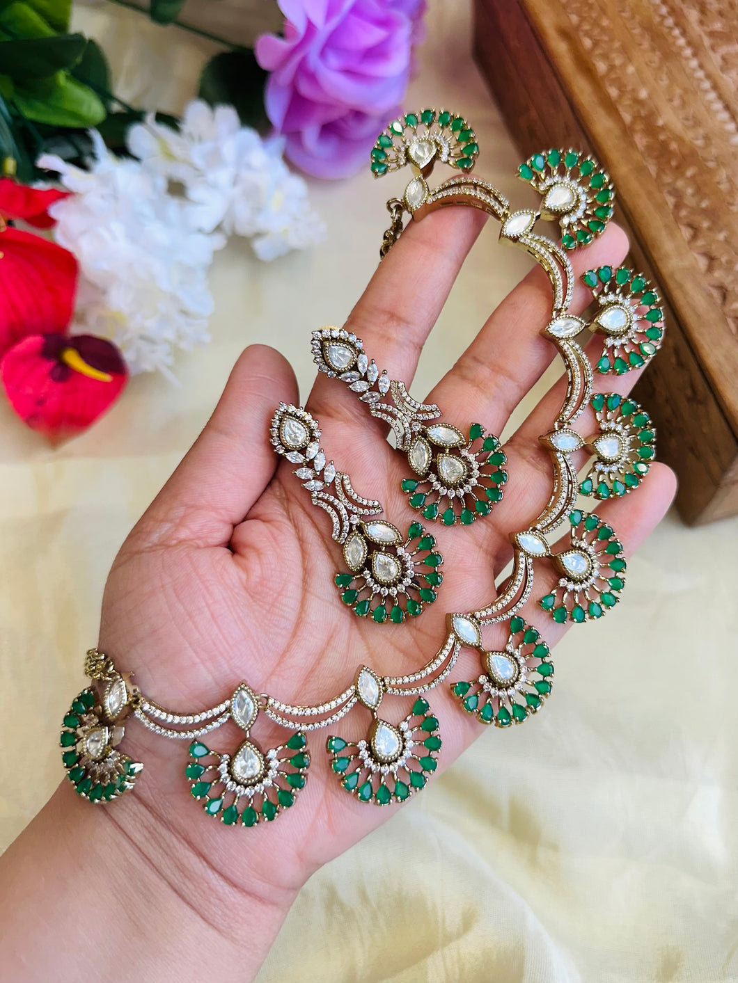 Green Premium Tayani gold plated Choker Necklace set with  maangtikka