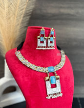 Load image into Gallery viewer, Firozi sky blue Nandi Fusion German Silver Dual tone Necklace set

