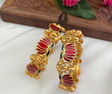 Load image into Gallery viewer, NEW LAUNCH Lotus Lakshmi ji Enamel Ruby green Openable Bangle set
