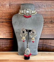 Load image into Gallery viewer, Nina Ruby pearl Premium Mirror choker necklace set with maangtikka
