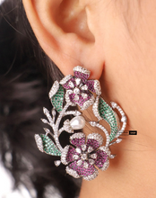 Load image into Gallery viewer, Evergreen Floral Pearl Premium Solitaire Lookalike Ruby Green Dangling  Earrings
