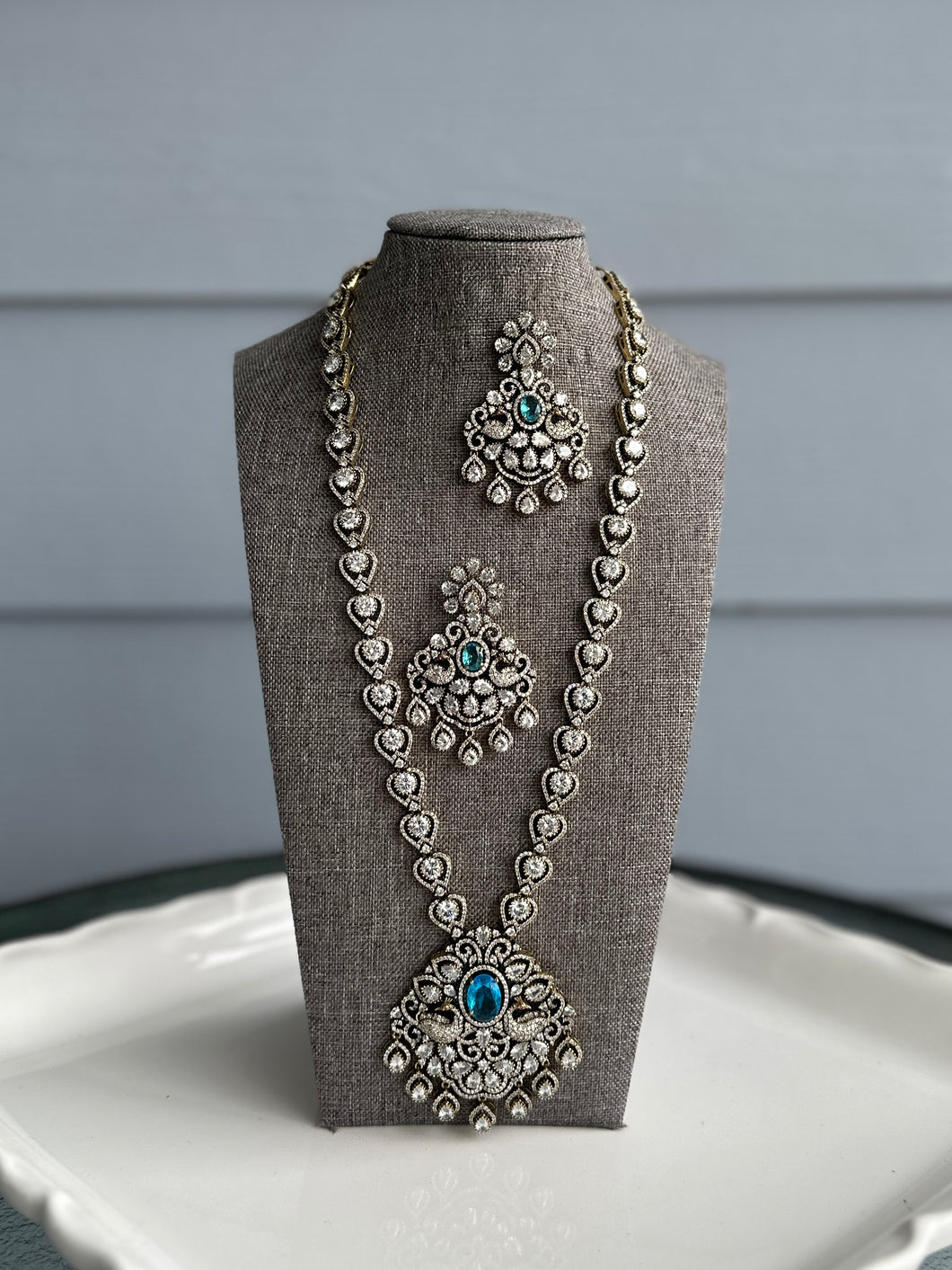 Ava Ocean blue Turkish gold plated Antique American diamond Peacock Premium Necklace set