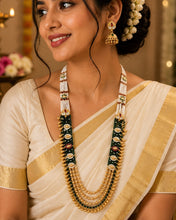 Load image into Gallery viewer, Sleek Heritage Rajwadi Dainty Green Pearl Long Mala Necklace set
