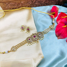 Load image into Gallery viewer, Golden Multicolor Cz Kundan Polki Premium Choker Temple Necklace set

