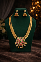Load image into Gallery viewer, Pachi kundan Long Coin lakshmi ji Peacock Cz Long Haram necklace set
