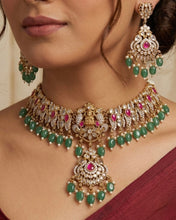 Load image into Gallery viewer, Lakshmi ji Premium Kemp stone Heavy Choker pachi kundan necklace Temple set
