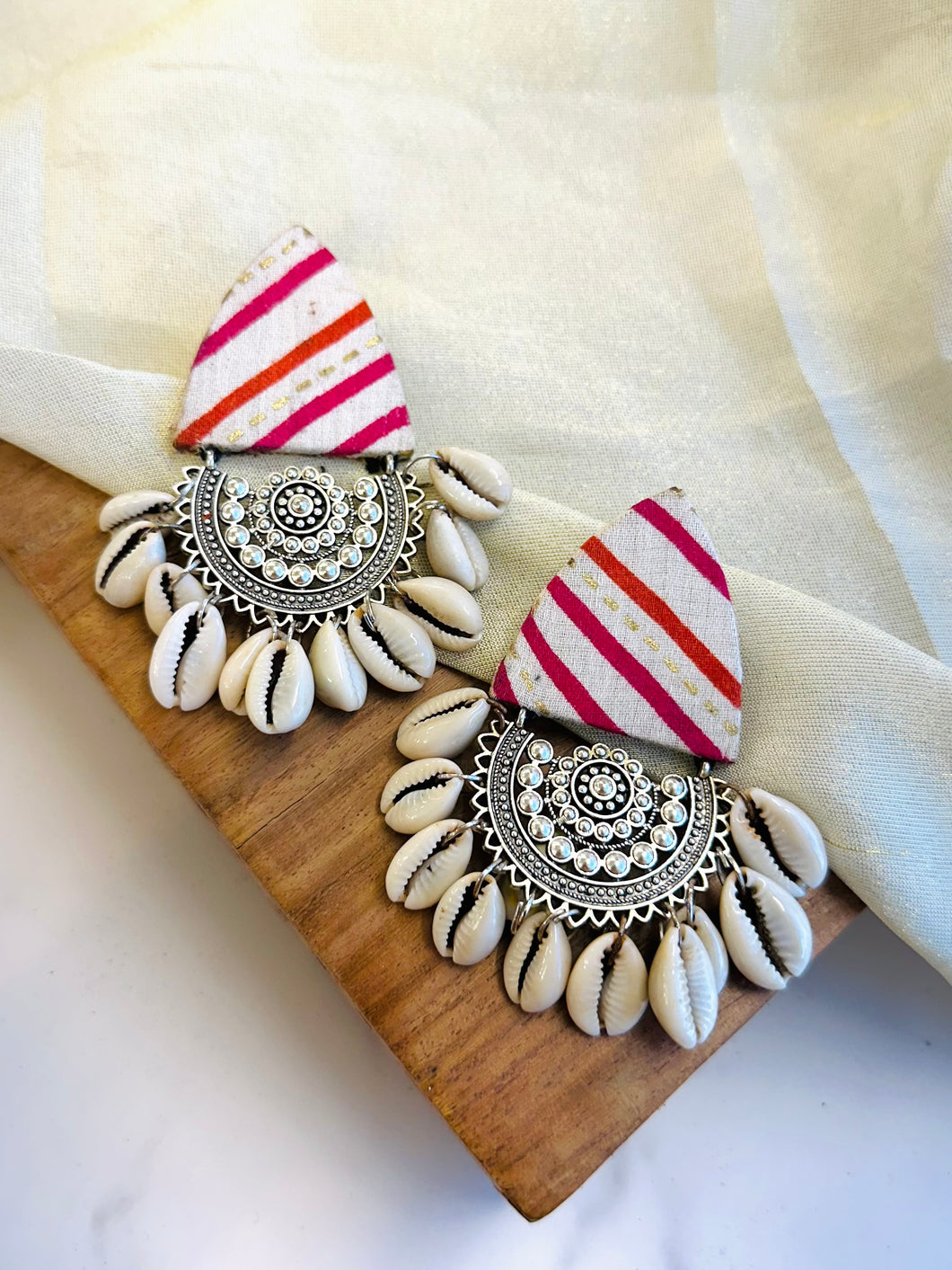 Printed Pink Stripe Fabric Shell Oxidised Handmade earrings