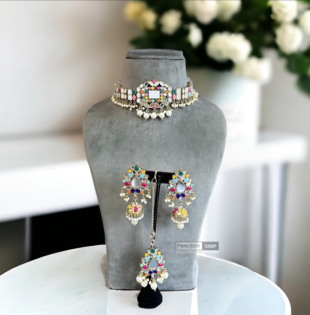 Nina Multicolor pearl Premium Mirror choker necklace set with maangtikka