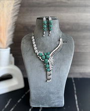 Load image into Gallery viewer, Emerald Green Invisible American Diamond Designer Dua tone  Necklace set
