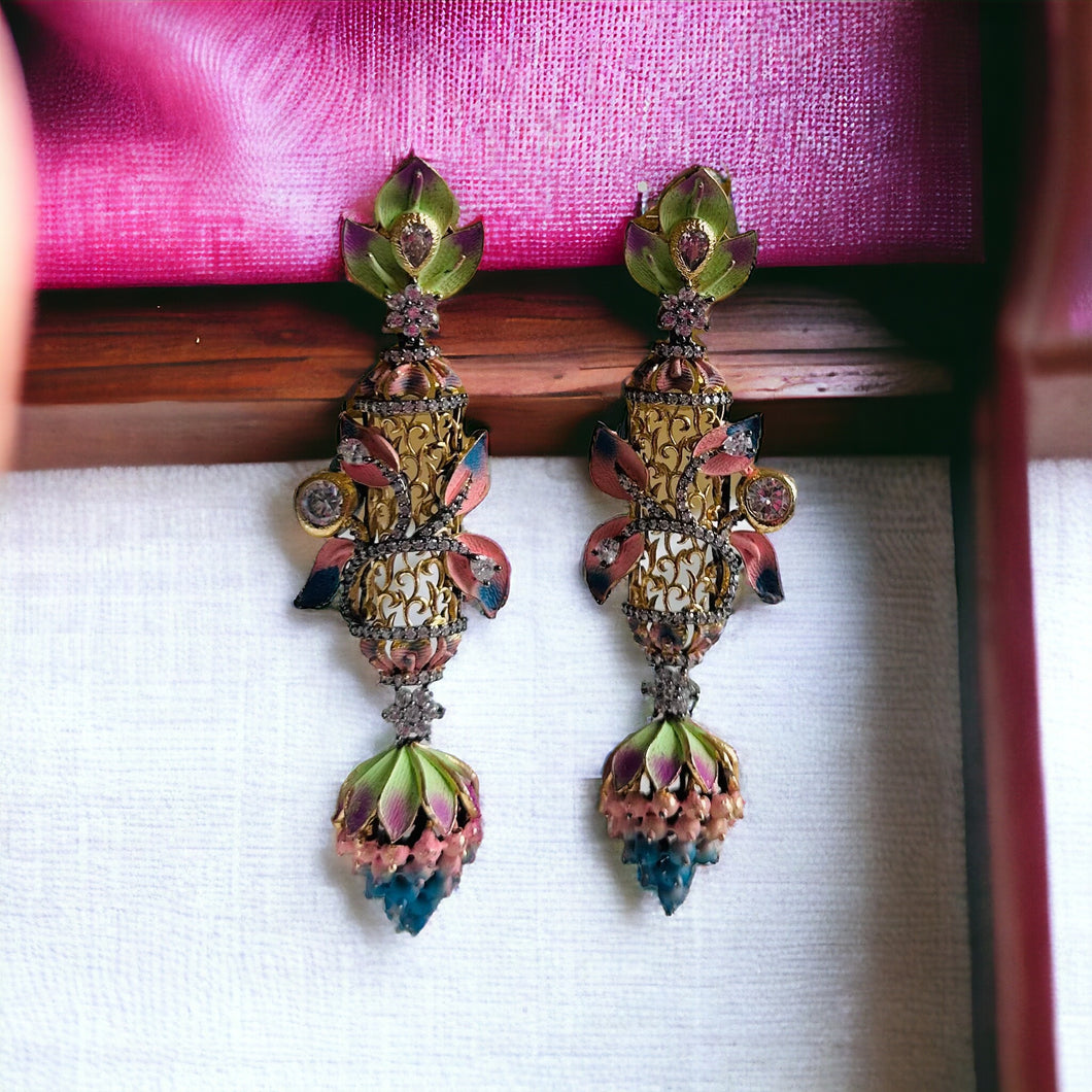 American diamond Floral Paint Shaded Jhumka Cz Earrings