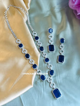 Load image into Gallery viewer, Tara-American Diamond Royal Blue Silver Finish Long Designer Necklace set
