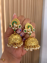 Load image into Gallery viewer, Amrapali Moissanite Kundan Peacock Gold Plated Ethnic Jhumka Earrings
