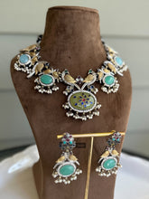 Load image into Gallery viewer, German silver Dual Tone peacock big stone statement  necklace set
