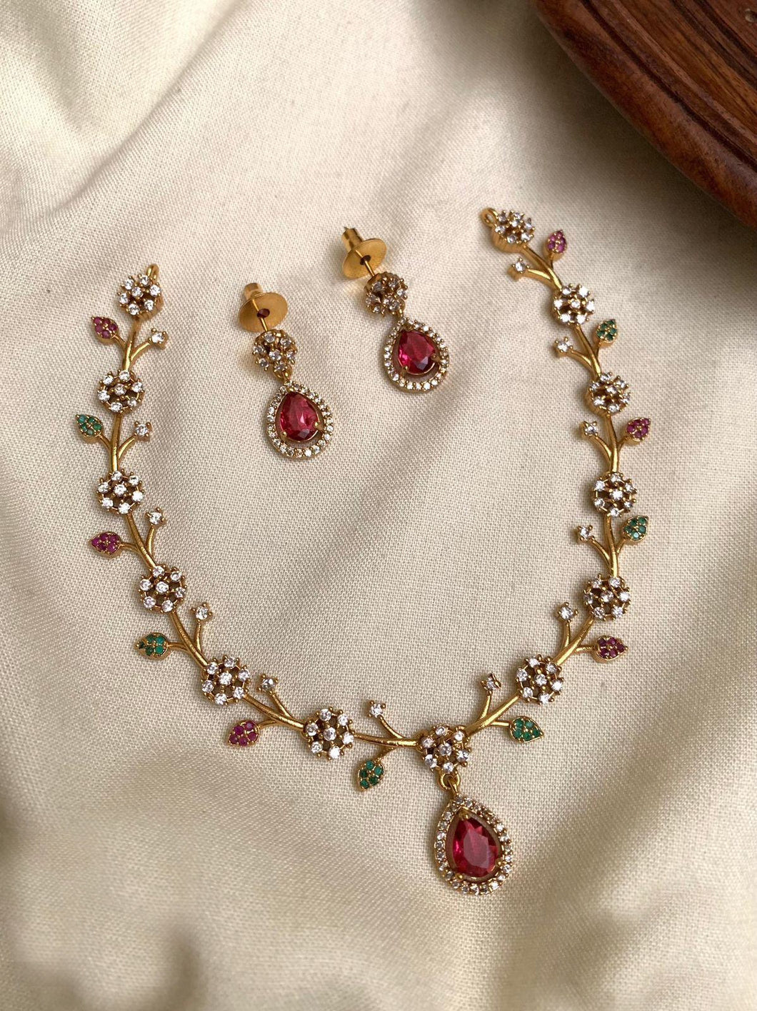 Cz Ruby green Flower Premium Ethnic Temple necklace set