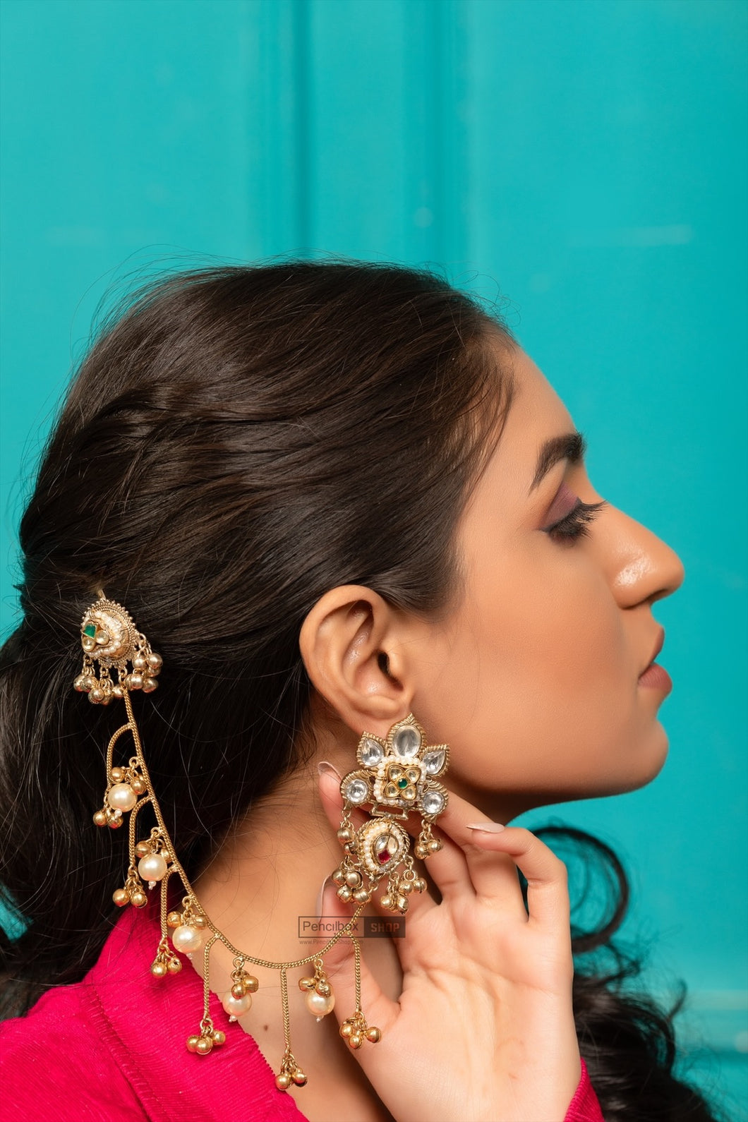 92.5 multicolor Kashmiri pachi kundan Stud Ear chain earrings